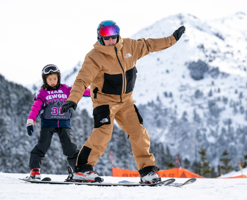 Children following insturctor in snowplough